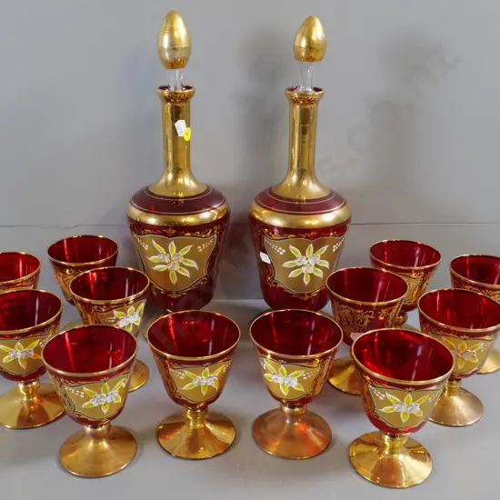 red Venetian glassware set - 2 stoppered decanters and 12 glasses