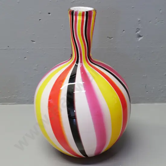 heavy art glass vase - red, yellow and pink stripes over white H-300 D-210 at widest