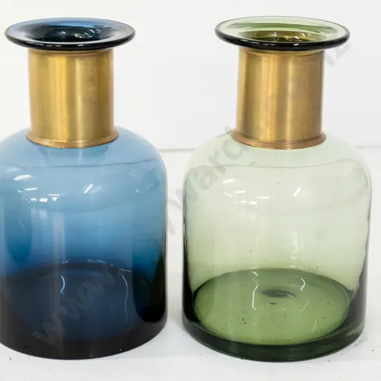 2 art glass vases with gold band on necks - one blue, one green H-200 D-120