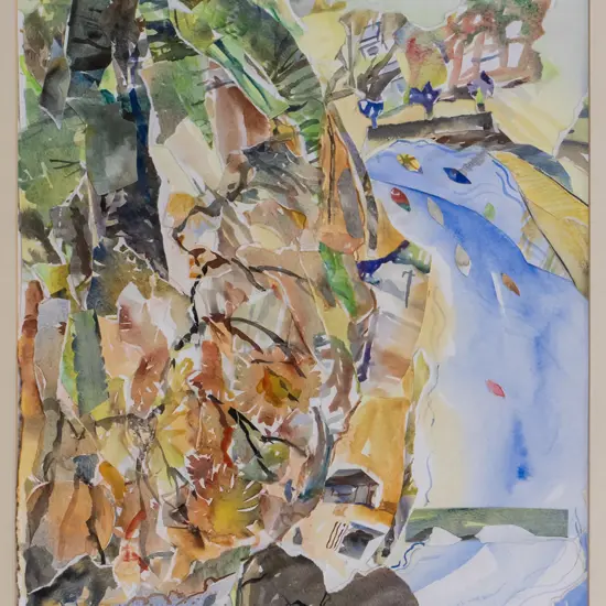 mounted Patricia Tough watercolour collage "Penguins Arrive Cape Wanbrow" H-550 W-370