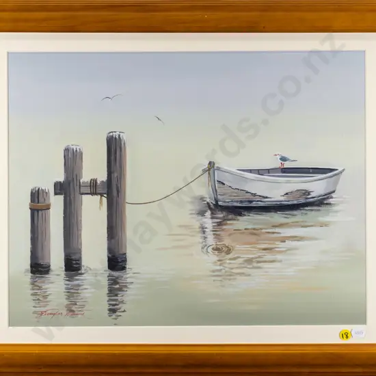 Douglas Williams - framed acrylic - seagull and dinghy H-350 W-440