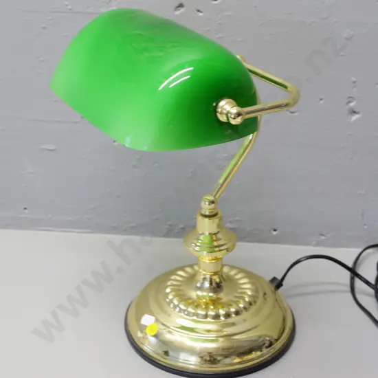 modern brass banker's lamp with green glass shade H-360