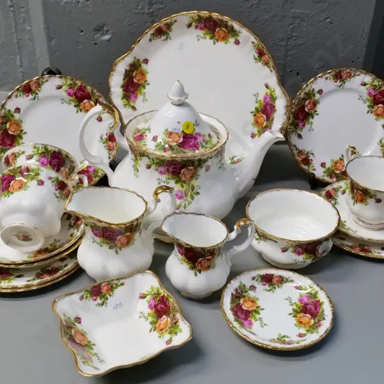 collection of Royal Albert Old Country Roses teaware - 3 trios, 2 jugs, plates, teapot with small chip to lid, etc.