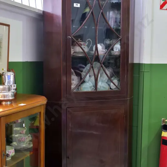 vintage mahogany corner cabinet with banded astragals, key escutcheons, 2 glass panes broken H2000 W900 D500