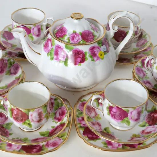 Royal Albert Old English Rose teapot and 6 trios - 2 plates have squared sides, others round