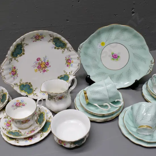 assorted Royal Albert teaware - 6 Rosamund trios & cake plate, 2 Barkeley trios, cream, sugar and cake plate, etc.