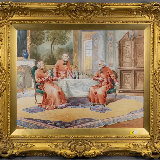 gilt framed watercolour - men of the church drinking wine H-410 W-530 (cracks to frame)
