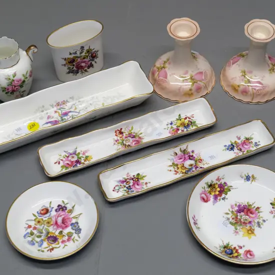 floral English china: pair of Pallisey candlesticks and assorted Royal Worcester, Aynsley, Coalport and Hammersley items