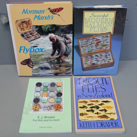 4 books on fishing in New Zealand: EJ Brown - Man and his Reels, trout flies, Norman Marsh, etc.