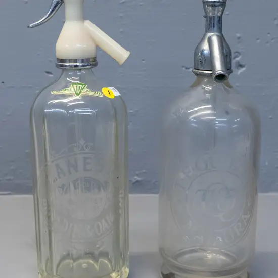 two vintage soda syphons - Lane's Dunedin with plastic nozzle & T.F. Quilter Mataura w/chrome nozzle H-310