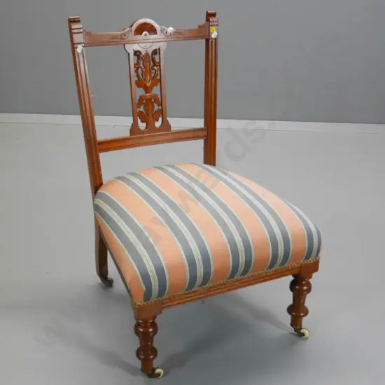 Victorian carved splat back bedroom chair on casters - water mark to upholstery H-760 W-500 D-500