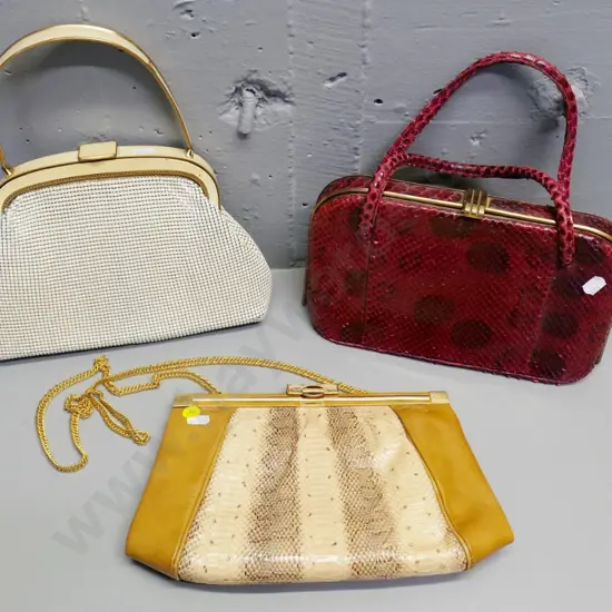3 vintage handbags - red snakeskin, leather & snakeskin w/gold chain,  Oroton - some wear to each