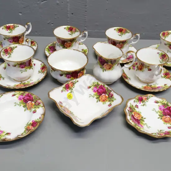 Royal Albert Old Country Roses - 6 coffee cups & saucers, cream & sugar, and 3 pin dishes