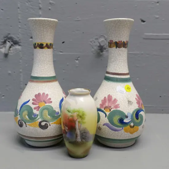 2 Austrian vases with craze-effect glaze H-240 and a small Beyreuth deer vase