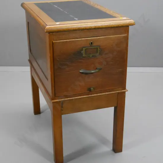 vintage oak single file filing cabinet on separate base, vinyl inset top, original handle, label holder H800 W460 D730