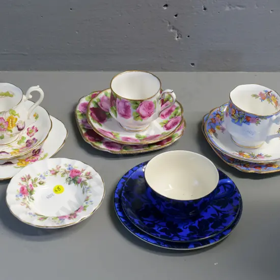 3 Royal Albert trios & pin dish, Crown Ducal trio