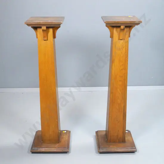 pair of oak deco style display or plant stands - marked Otago Museum on base - small chip, polish wear H-1020 300x300