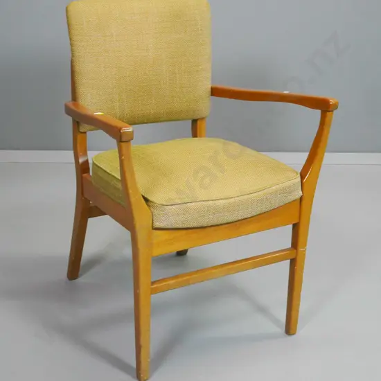 mid-century mahogany framed occasional chair covered in gold tweed fabric H800 W580 D500