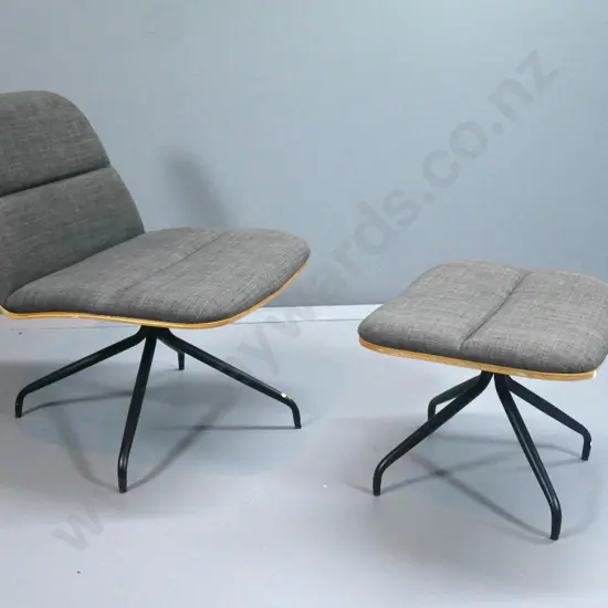 Scandinavian style swivel lounge chair and foot-stool -  grey tweed, laminated wood & metal base. Chair H770 W630 D650