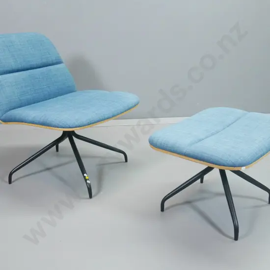 Scandinavian style swivel lounge chair and foot-stool -  blue tweed, laminated wood & metal base. Chair H770 W630 D650