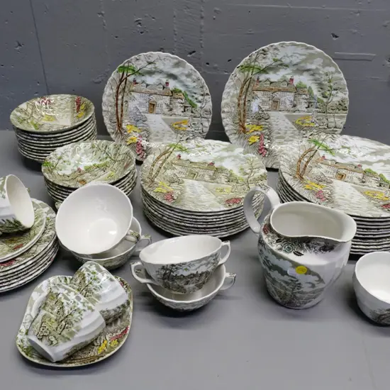 assorted British Anchor Country Cottage dinnerware - 26 dinner plates, 17 bowls, jug, etc.