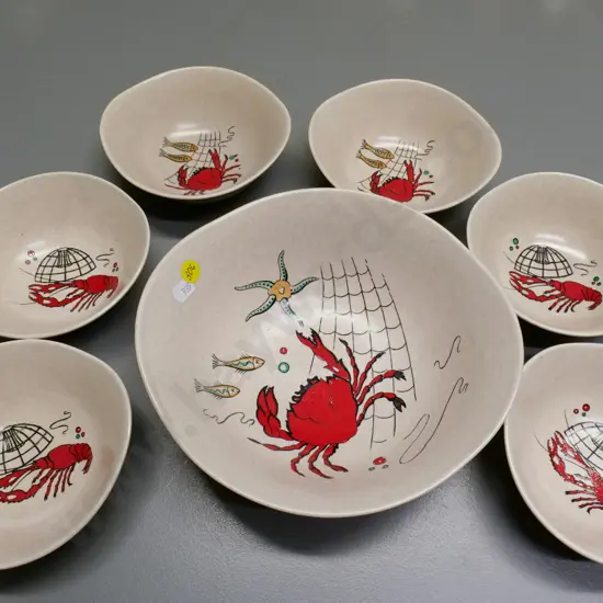 Crown Devon hand painted 7-piece seafood salad set - large bowl W-220