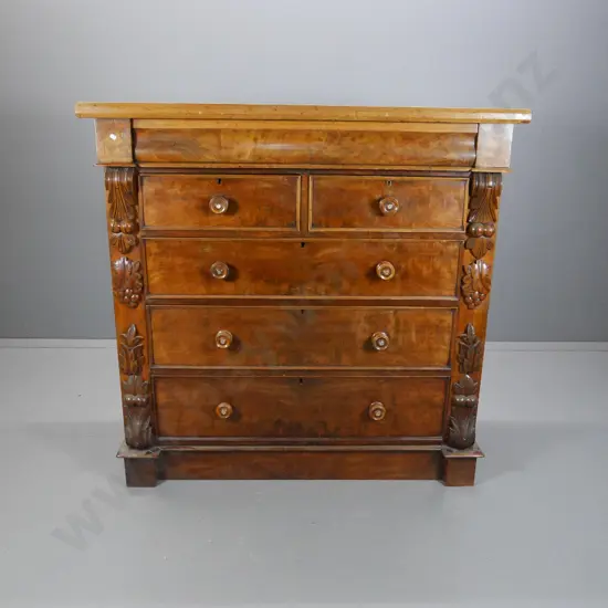 vintage walnut 6-drawer Scotch chest with carved corbels, flame veneer drawer fronts, split to one end H1270 W1300 D550