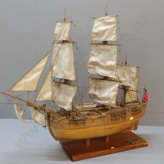 wooden model of 3-masted barque sailing ship w/rigging & sails, wooden base. Rudder & some trim loose. H-760 L-820 W-200