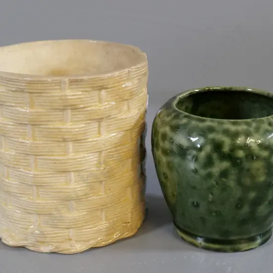 studio pottery items - 2 small pots, possibly Luke Adams? Larger w/woven pattern is H-90 D-90