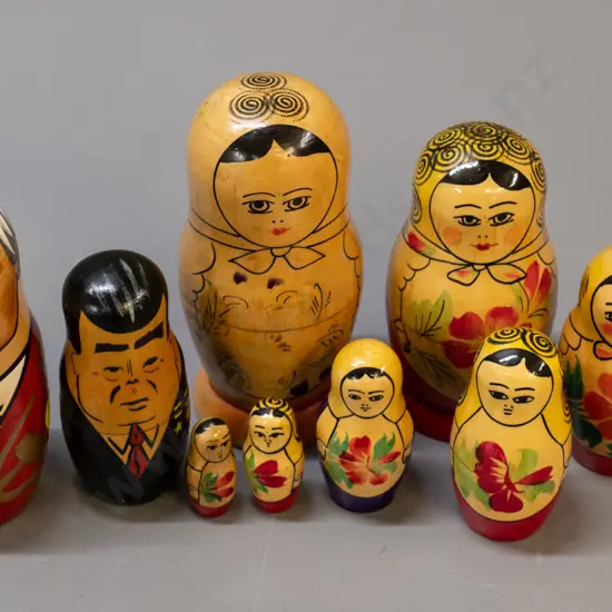 Russian nesting dolls - set of 7 (largest one faded, H-150) plus Gorbachev & Brezhnev characters