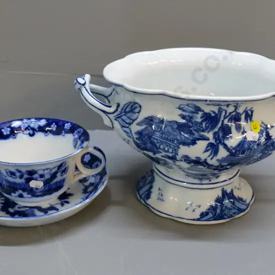Staffordshire 'Pekin' broth cup & saucer and a large blue & white double handled tureen H190 W-340