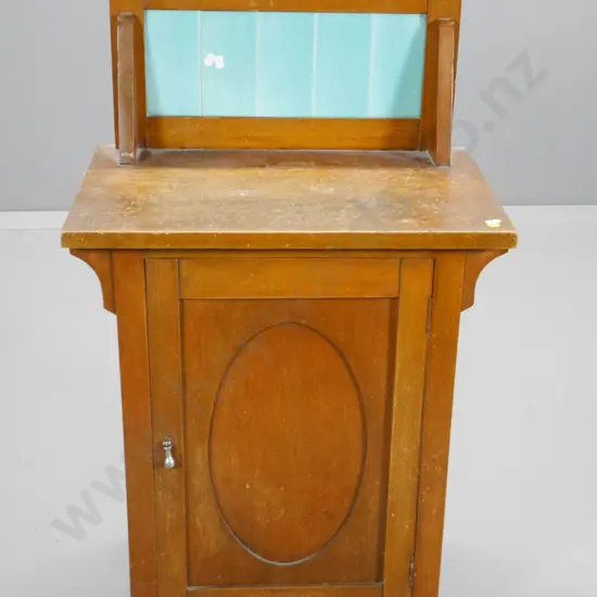 Edwardian tile back rimu pot cupboard (some damage to surface) H-890 W-510 D-345