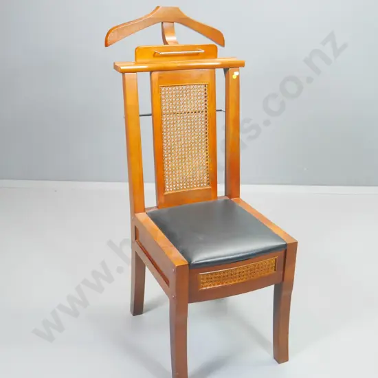 mahogany combination chair / valet stand with storage under lift-up seat, bergere cane back H1120 W420 D620