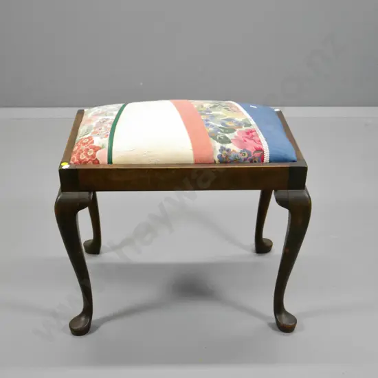 beech cab-leg piano w/stool striped patchwork fabric seat, some movement in frame H470 W540 D400