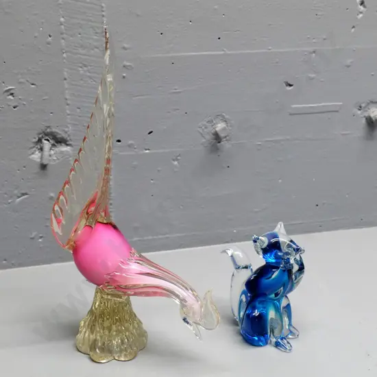 2 art glass animal figures - pink & clear pheasant and blue & clear cat
