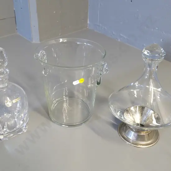 glass ice bucket D-180, cut crystal decanter and a glass wine carafe/decanter in plated stand H-270