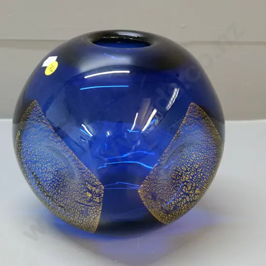 art glass vase - blue ball with gold leaf, indented sides H-180 D-110