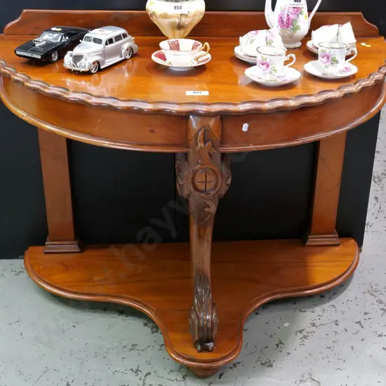 Victorian mahogany half-round hall table with carved front leg, shelf base H-790 W-1070 D520