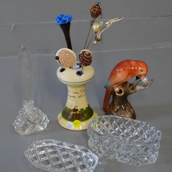 2 vintage hat pin holders, one is Torquay, one bird theme, with assorted pins, crystal perfume bottle & jewellery box