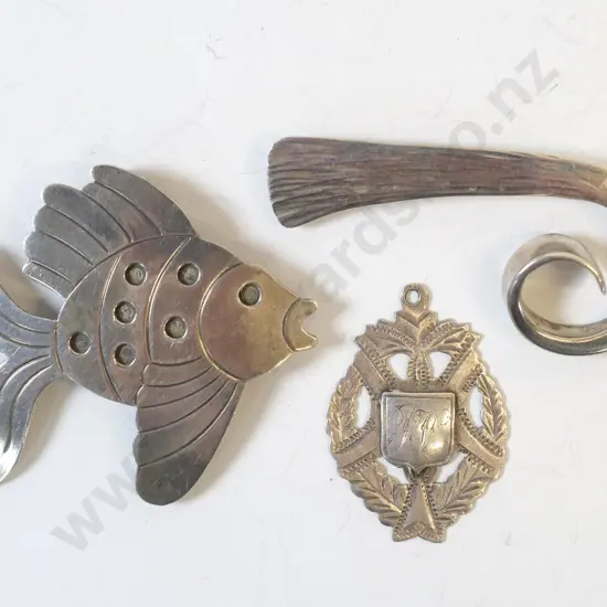 silver brooch stamped stg, silver fish brooch stamped 925 Mexico & medalion stamped anchor, lion ? RB