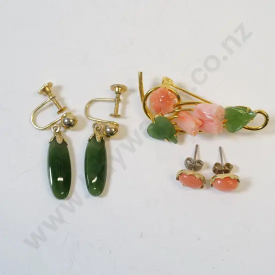 greenstone earrings {screw on] & coral brooch with matching earring