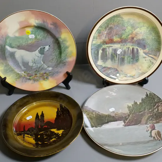 4 Royal Doulton cabinet plates including Weeping Rock, largest dog D-270