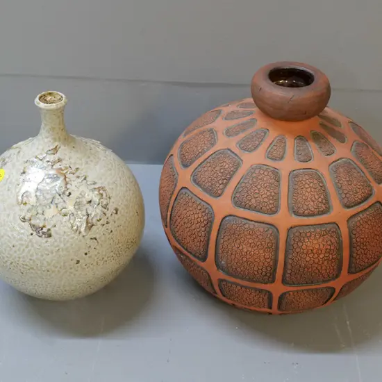 2 studio pottery vases - impressed terracotta marked NR 29-10-78 H-220 D-220, other unmarked