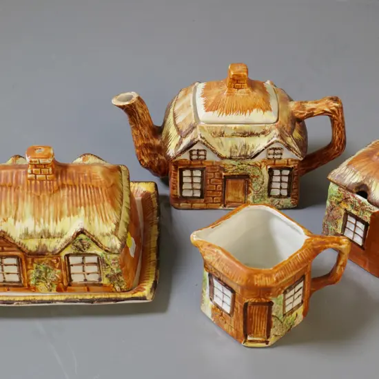 Kensington cottage ware - teapot, cream & sugar, and covered butter dish