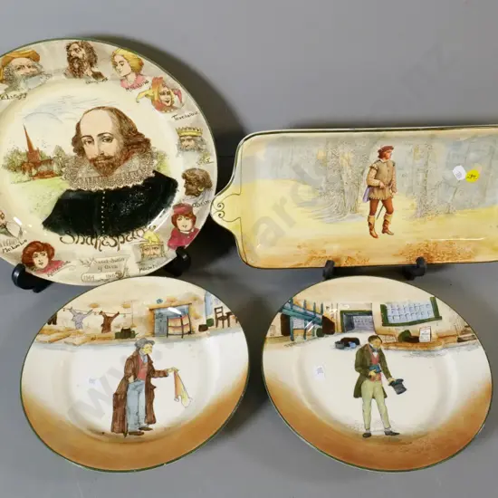 Royal Doulton Shakespeare sandwich tray W370 (small manufacturing fault) & plate and 2 Dickens ware cabinet plates