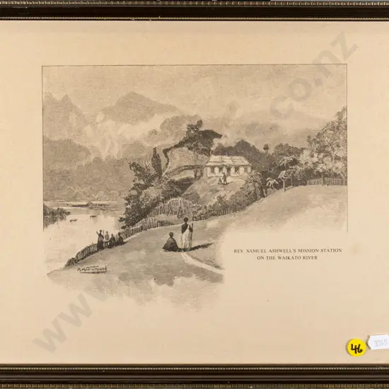 framed print "Rev Samuel Ashwell's Mission Station on the Waikato River" H-190 W-230