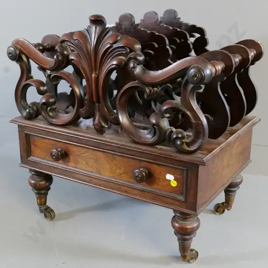 Victorian ornately carved mahogany music canterbury - on casters H-530 W-520 D-350