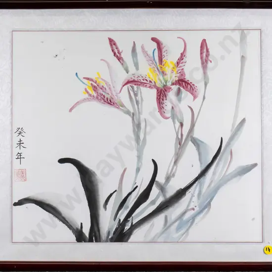 framed oriental watercolour - lilies H-340 W-390