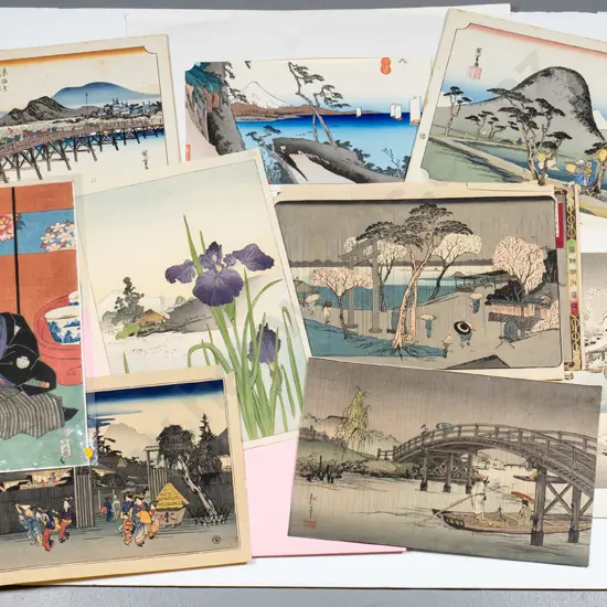 assortment of unframed Japanese woodblock prints - varied condition - some foxing, creasing and damage