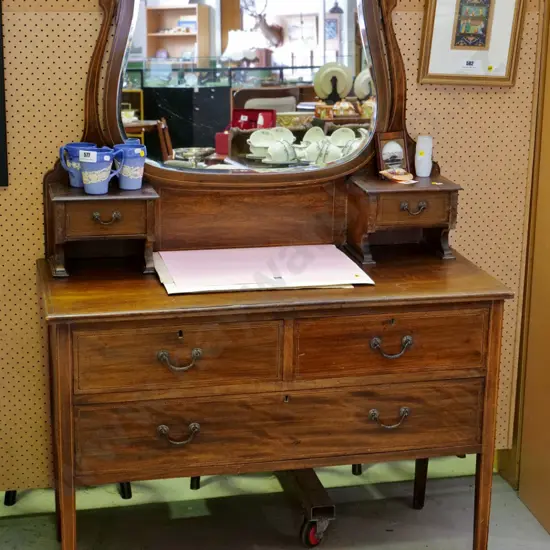 deco style mahogany 5-drawer dressing table with marquetry detail, tilt mirror  - polish needs work H1580 W1060 D480